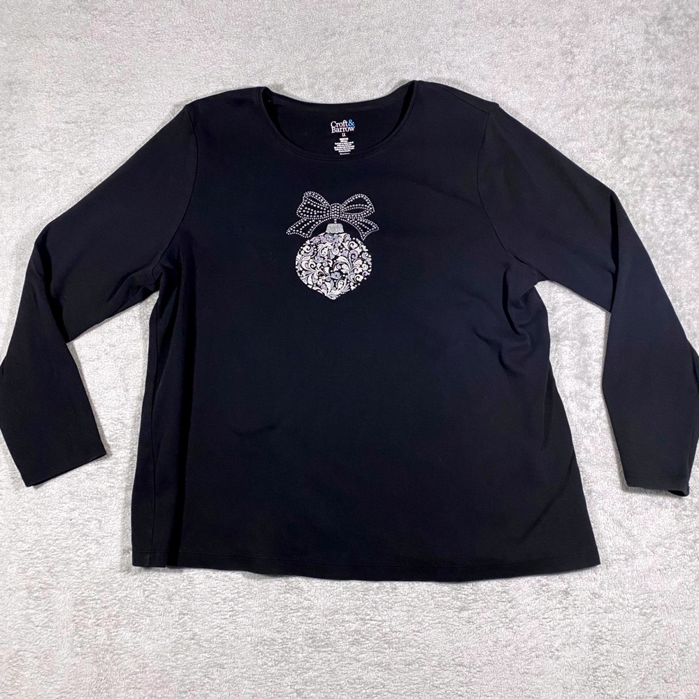 Croft & Barrow T-Shirt Women 1X Black Long‎ Sleeve Rhinestone Ornament Holiday